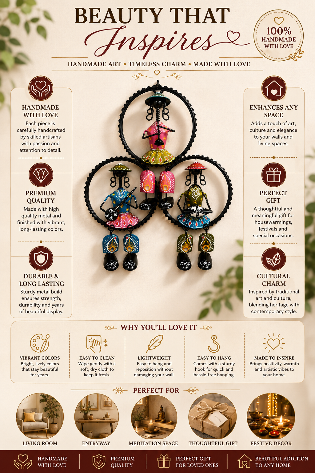 Handmade Indian Tribal Musicians Metal Wall Decor | Folk Art Wall Hanging | Boho Living Room Decor | 15 x 13 Inches - Ira World Art LLC