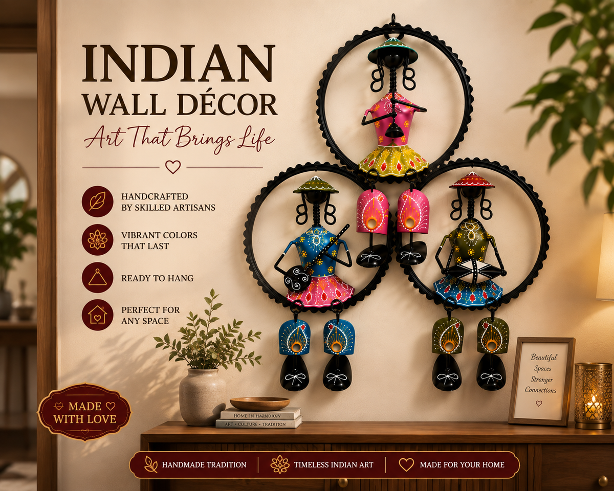 Handmade Indian Tribal Musicians Metal Wall Decor | Folk Art Wall Hanging | Boho Living Room Decor | 15 x 13 Inches - Ira World Art LLC