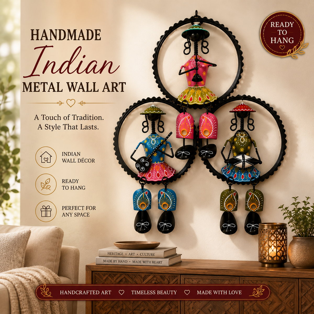 Handmade Indian Tribal Musicians Metal Wall Decor | Folk Art Wall Hanging | Boho Living Room Decor | 15 x 13 Inches - Ira World Art LLC