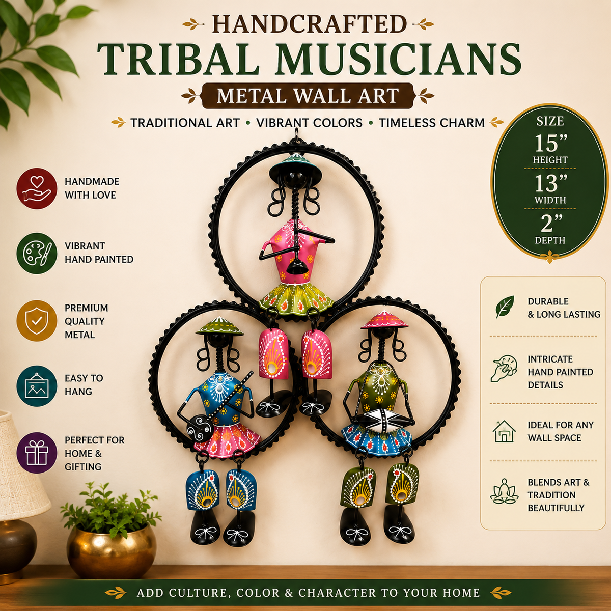 Handmade Indian Tribal Musicians Metal Wall Decor | Folk Art Wall Hanging | Boho Living Room Decor | 15 x 13 Inches - Ira World Art LLC