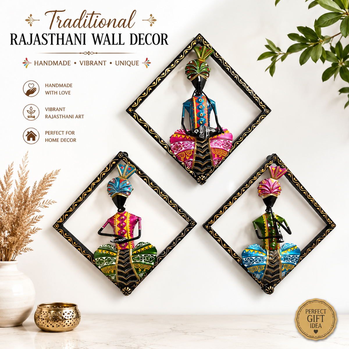 Handmade Rajasthani Metal Wall Hanging; Set Of 3 Indian Folk Musician Sculpture Art Decor - Ira World Art LLC