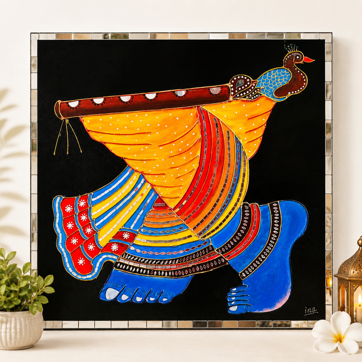 Handmade Krishna Pichwai Mirror Wall Art | 18 x 18 Inch Framed Traditional Indian Wall Decor | Handpainted Wooden Home Décor - Ira World Art LLC