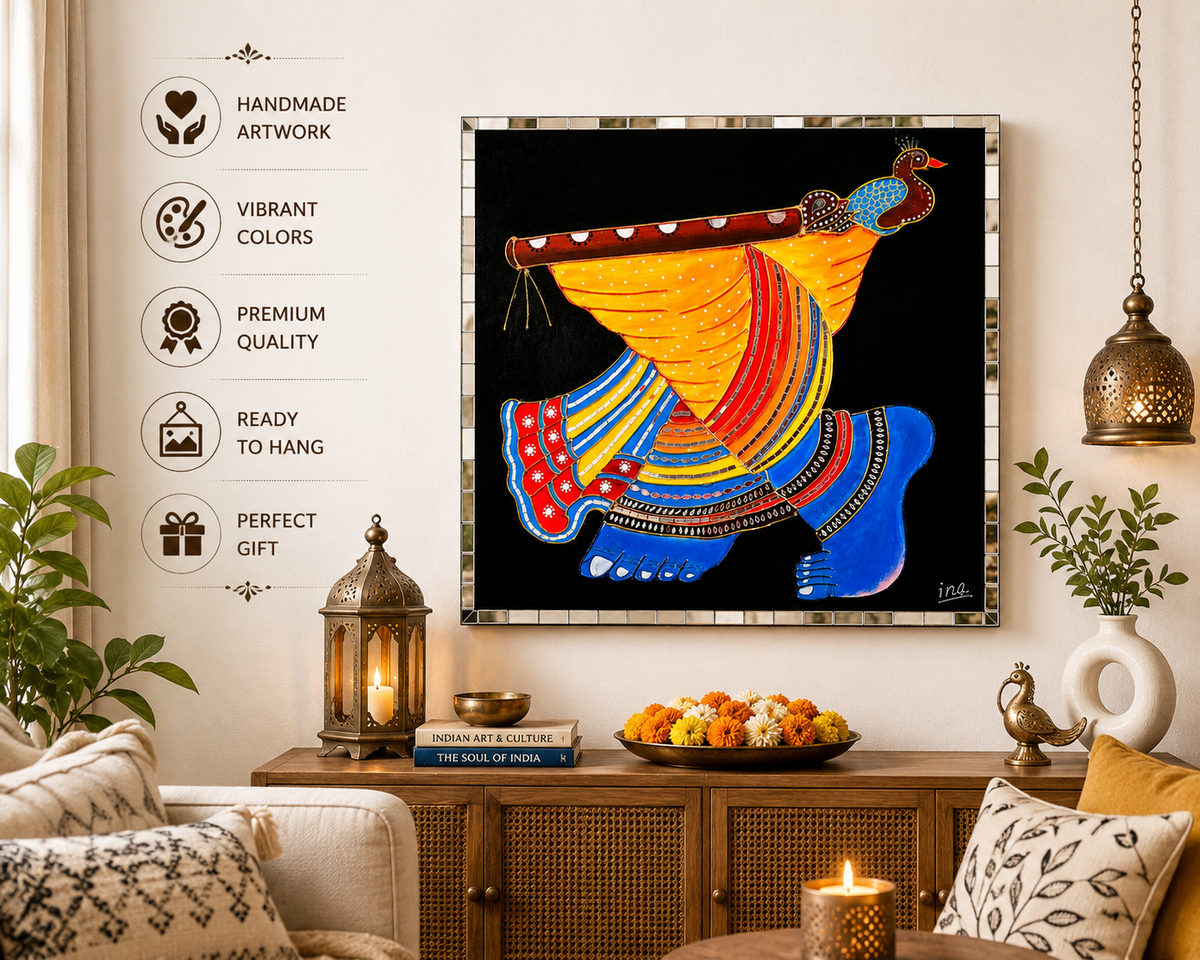 Handmade Krishna Pichwai Mirror Wall Art | 18 x 18 Inch Framed Traditional Indian Wall Decor | Handpainted Wooden Home Décor - Ira World Art LLC