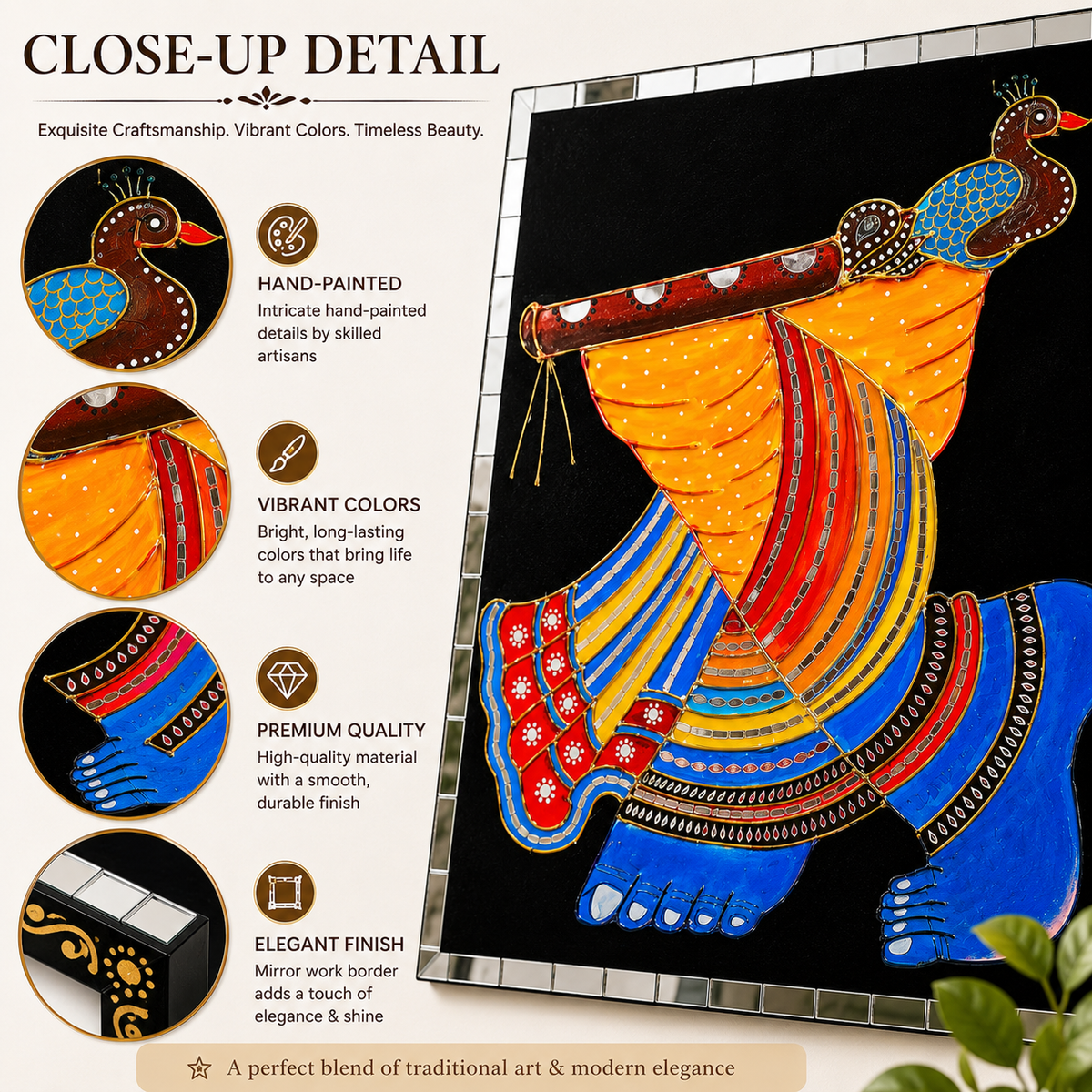 Handmade Krishna Pichwai Mirror Wall Art | 18 x 18 Inch Framed Traditional Indian Wall Decor | Handpainted Wooden Home Décor - Ira World Art LLC
