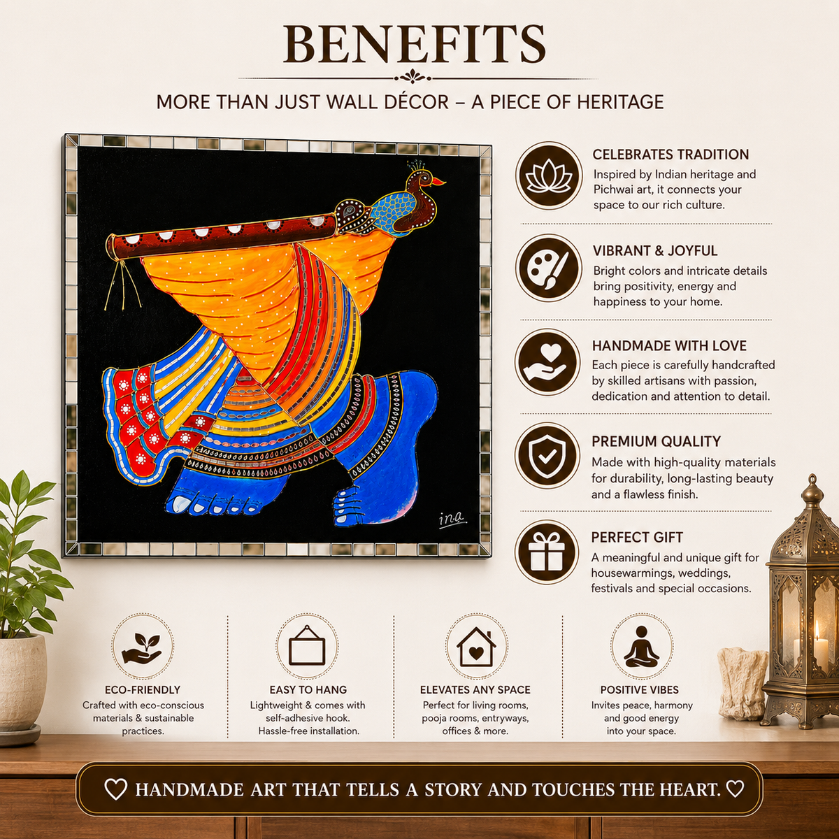 Handmade Krishna Pichwai Mirror Wall Art | 18 x 18 Inch Framed Traditional Indian Wall Decor | Handpainted Wooden Home Décor - Ira World Art LLC