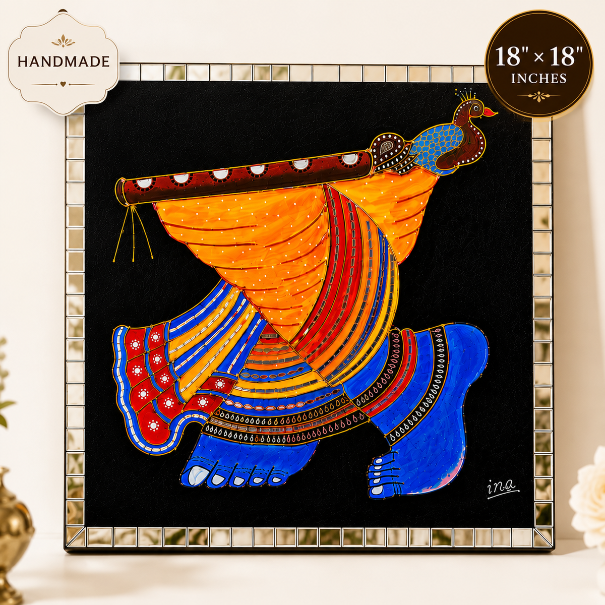 Handmade Krishna Pichwai Mirror Wall Art | 18 x 18 Inch Framed Traditional Indian Wall Decor | Handpainted Wooden Home Décor - Ira World Art LLC