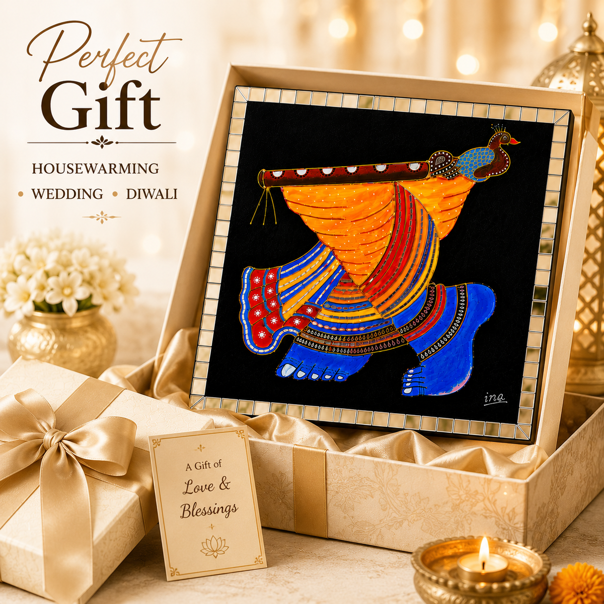 Handmade Krishna Pichwai Mirror Wall Art | 18 x 18 Inch Framed Traditional Indian Wall Decor | Handpainted Wooden Home Décor - Ira World Art LLC