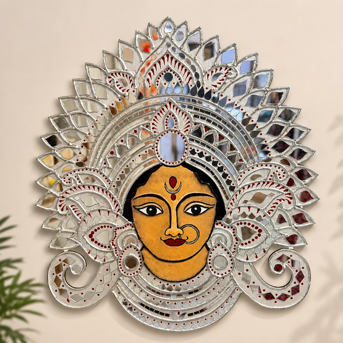 Handmade Durga Face Mirror Wall Art | Traditional Indian Goddess Wall Hanging | Decorative Mirror Mosaic Wall Décor | Available in 18" x 18" & 16" x 16" - Ira World Art LLC