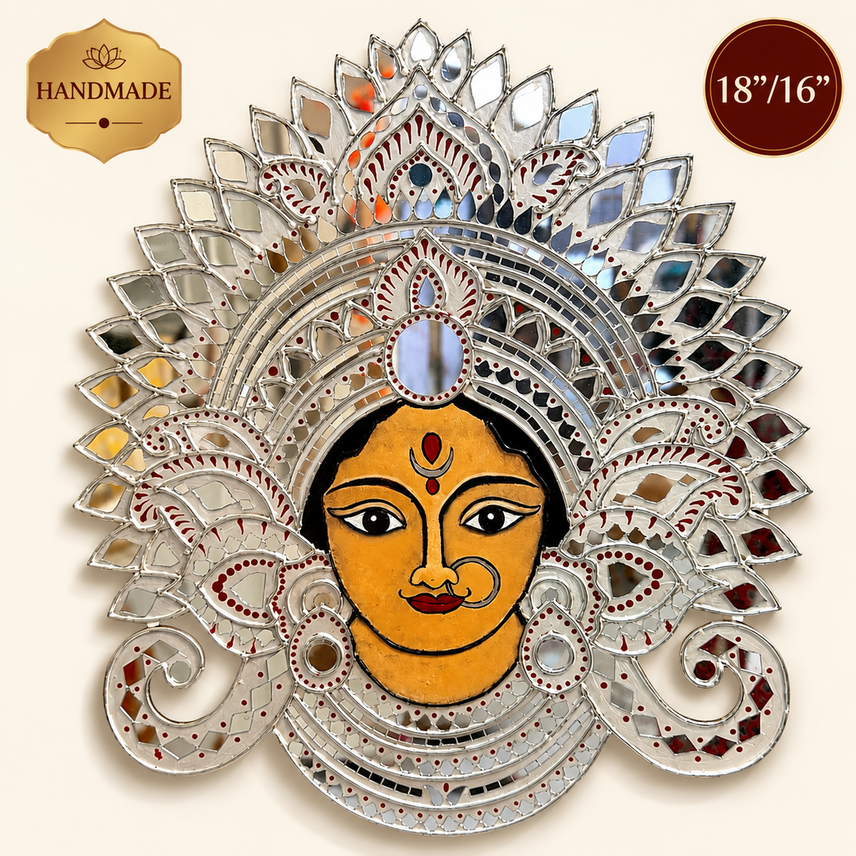 Handmade Durga Face Mirror Wall Art | Traditional Indian Goddess Wall Hanging | Decorative Mirror Mosaic Wall Décor | Available in 18" x 18" & 16" x 16" - Ira World Art LLC