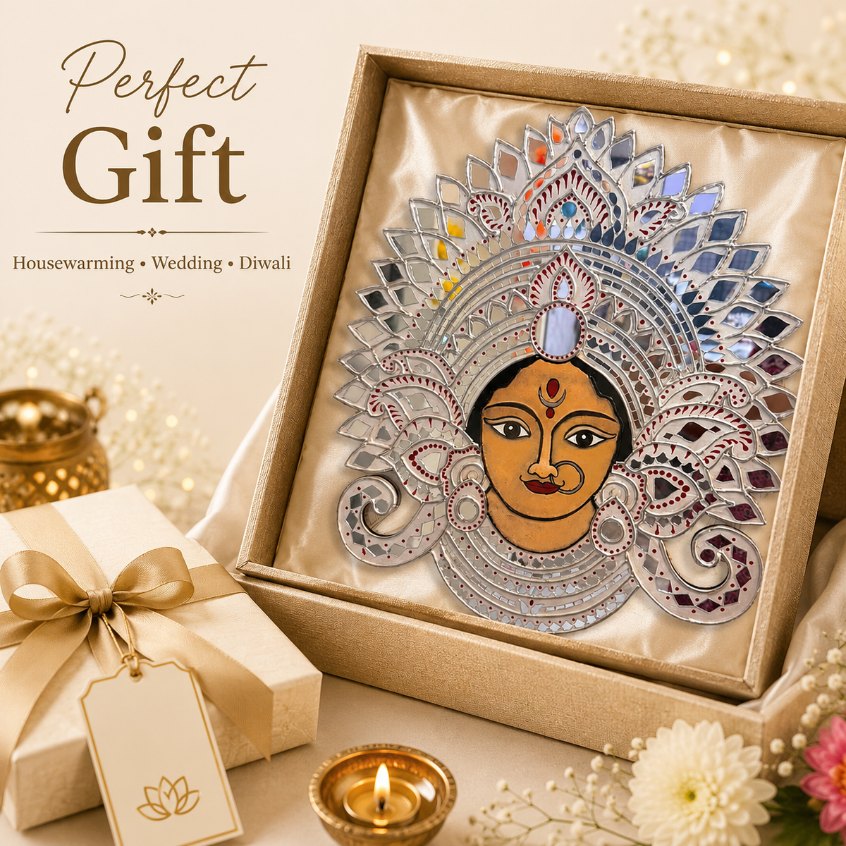 Handmade Durga Face Mirror Wall Art | Traditional Indian Goddess Wall Hanging | Decorative Mirror Mosaic Wall Décor | Available in 18" x 18" & 16" x 16" - Ira World Art LLC