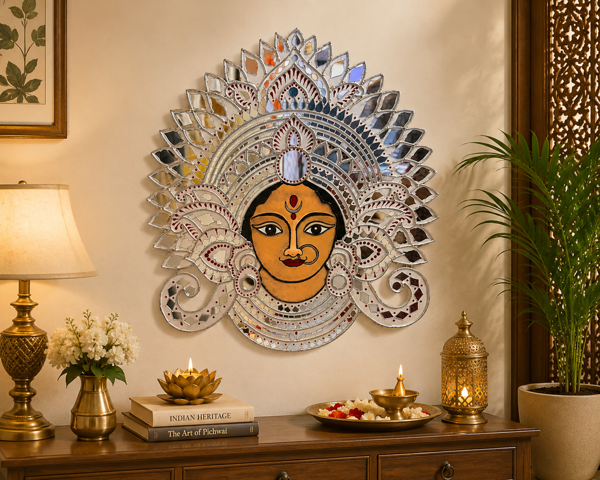 Handmade Durga Face Mirror Wall Art | Traditional Indian Goddess Wall Hanging | Decorative Mirror Mosaic Wall Décor | Available in 18" x 18" & 16" x 16" - Ira World Art LLC