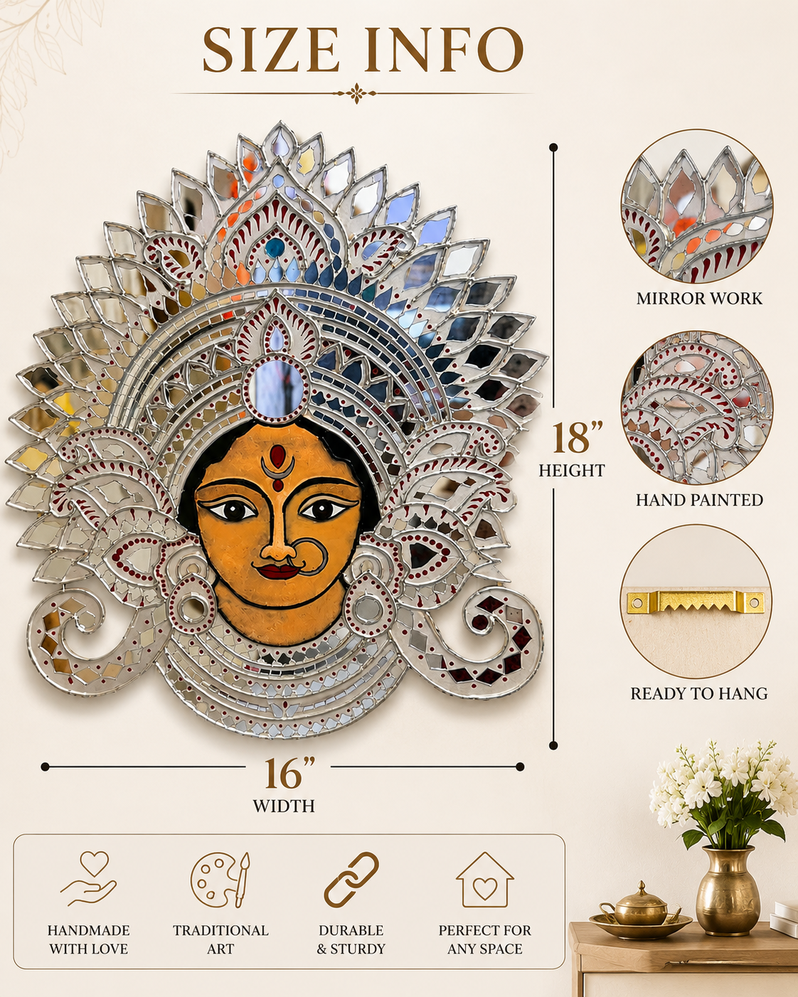 Handmade Durga Face Mirror Wall Art | Traditional Indian Goddess Wall Hanging | Decorative Mirror Mosaic Wall Décor | Available in 18" x 18" & 16" x 16" - Ira World Art LLC