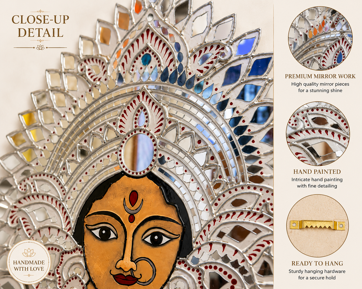 Handmade Durga Face Mirror Wall Art | Traditional Indian Goddess Wall Hanging | Decorative Mirror Mosaic Wall Décor | Available in 18" x 18" & 16" x 16" - Ira World Art LLC