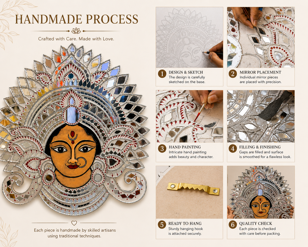 Handmade Durga Face Mirror Wall Art | Traditional Indian Goddess Wall Hanging | Decorative Mirror Mosaic Wall Décor | Available in 18" x 18" & 16" x 16" - Ira World Art LLC