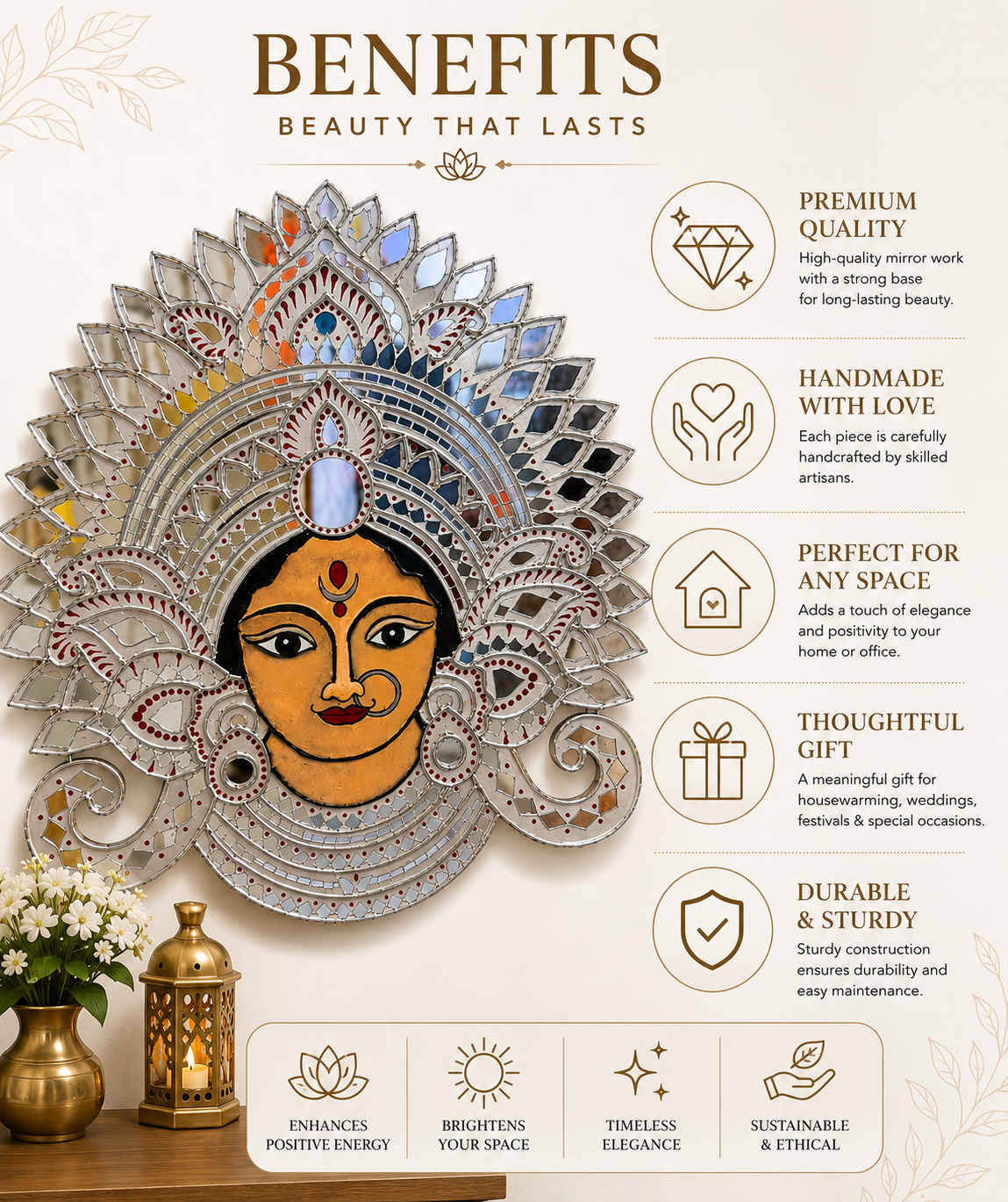 Handmade Durga Face Mirror Wall Art | Traditional Indian Goddess Wall Hanging | Decorative Mirror Mosaic Wall Décor | Available in 18" x 18" & 16" x 16" - Ira World Art LLC