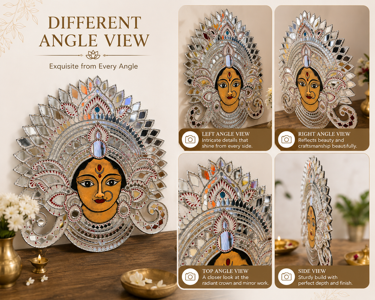 Handmade Durga Face Mirror Wall Art | Traditional Indian Goddess Wall Hanging | Decorative Mirror Mosaic Wall Décor | Available in 18" x 18" & 16" x 16" - Ira World Art LLC