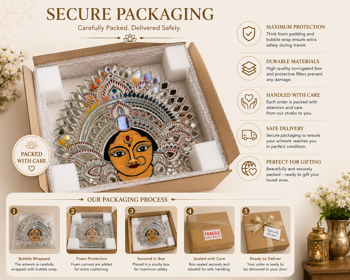 Handmade Durga Face Mirror Wall Art | Traditional Indian Goddess Wall Hanging | Decorative Mirror Mosaic Wall Décor | Available in 18" x 18" & 16" x 16" - Ira World Art LLC