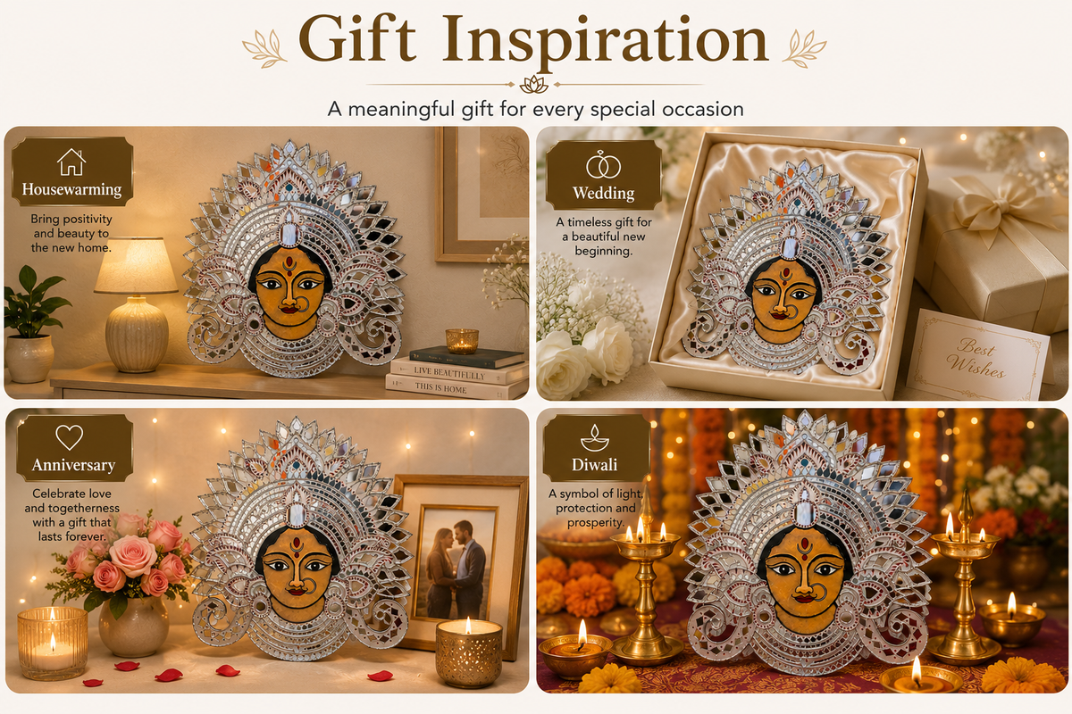 Handmade Durga Face Mirror Wall Art | Traditional Indian Goddess Wall Hanging | Decorative Mirror Mosaic Wall Décor | Available in 18" x 18" & 16" x 16" - Ira World Art LLC