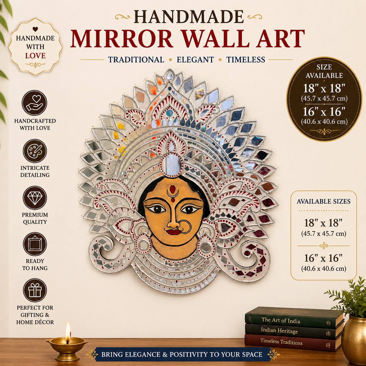 Handmade Durga Face Mirror Wall Art | Traditional Indian Goddess Wall Hanging | Decorative Mirror Mosaic Wall Décor | Available in 18" x 18" & 16" x 16" - Ira World Art LLC