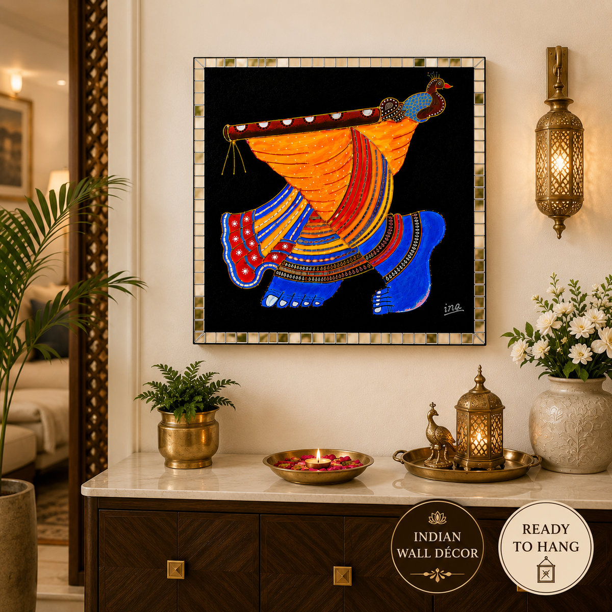 Handmade Krishna Pichwai Mirror Wall Art | 18 x 18 Inch Framed Traditional Indian Wall Decor | Handpainted Wooden Home Décor - Ira World Art LLC