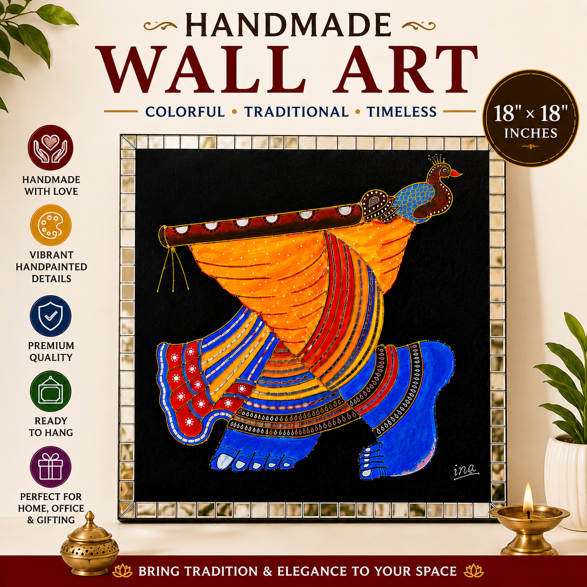 Handmade Krishna Pichwai Mirror Wall Art | 18 x 18 Inch Framed Traditional Indian Wall Decor | Handpainted Wooden Home Décor - Ira World Art LLC