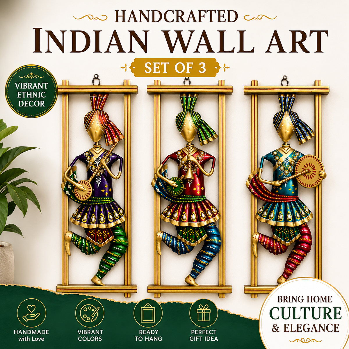 Handcrafted Indian Musician Wall Art Set of 3 | Ethnic Metal Wall Hanging | Colorful Traditional Home Decor - Ira World Art LLC