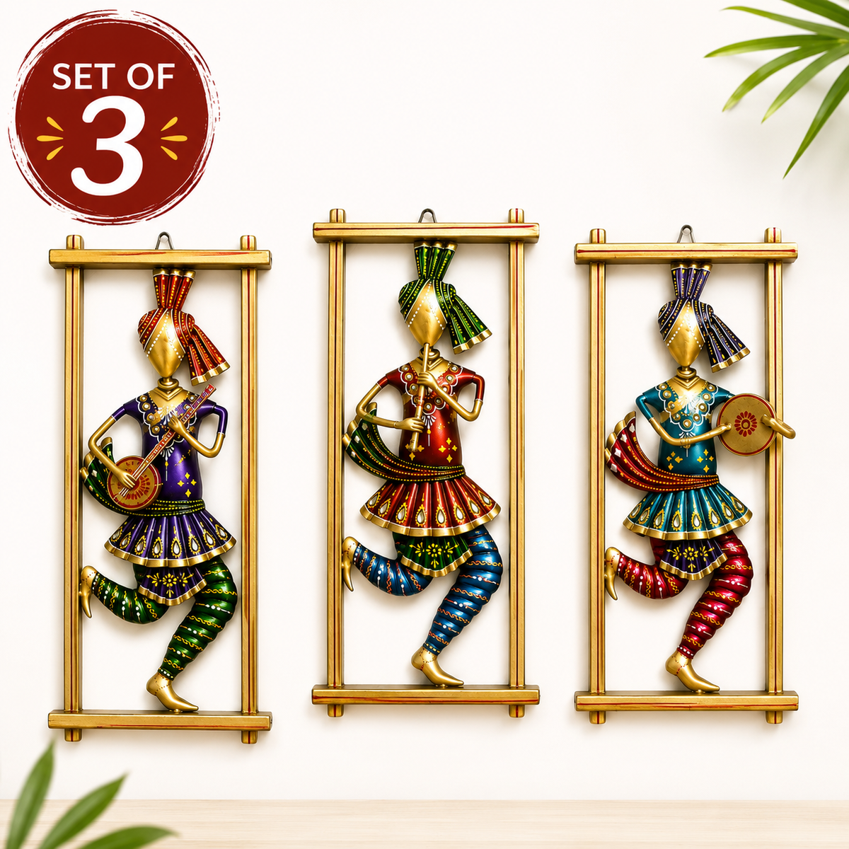 Handcrafted Indian Musician Wall Art Set of 3 | Ethnic Metal Wall Hanging | Colorful Traditional Home Decor - Ira World Art LLC