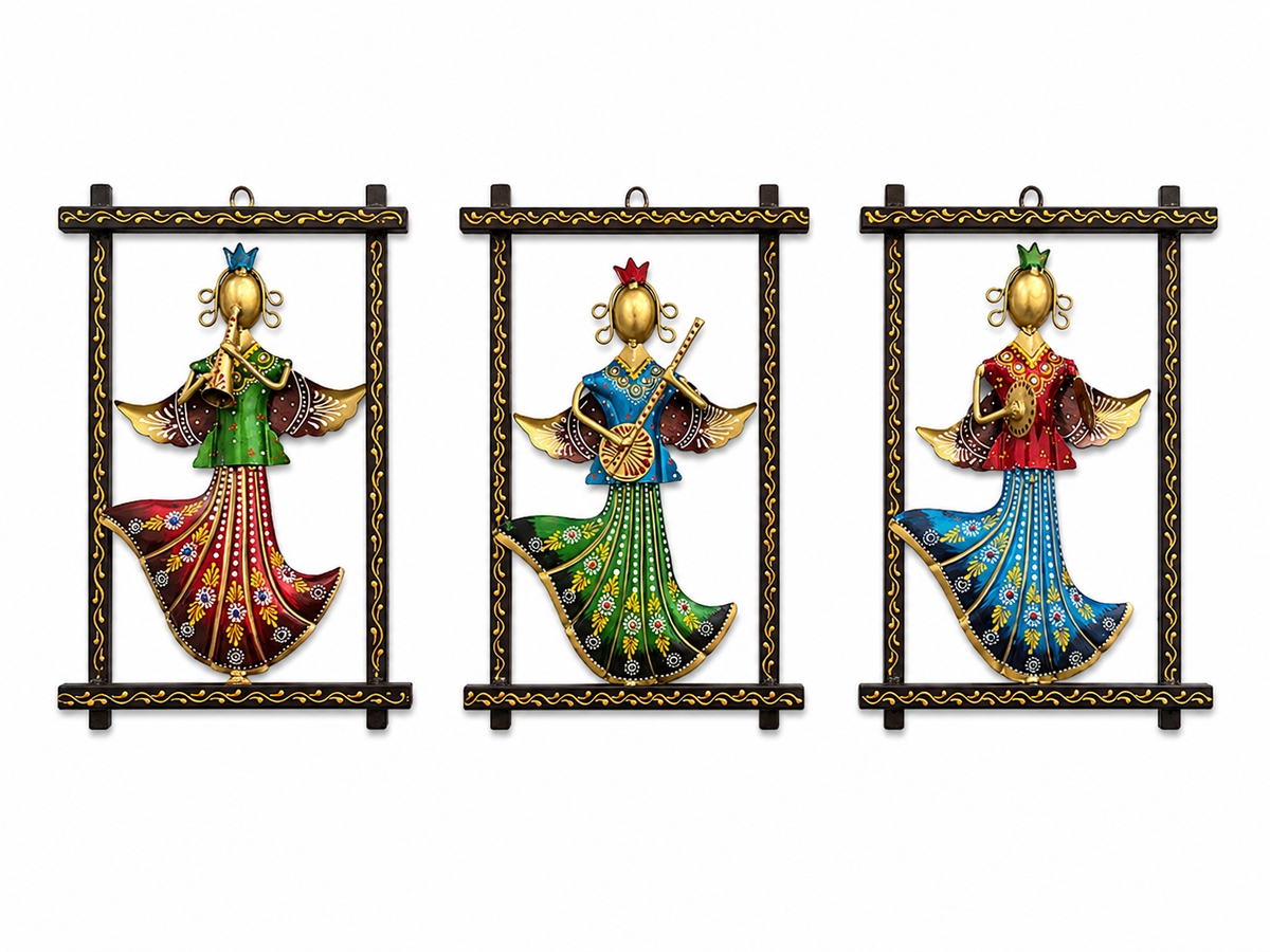 Handcrafted Indian Wall Decor Set of 3 | Ethnic Metal Wall Art Hanging | Traditional Folk Home Décor - Ira World Art LLC