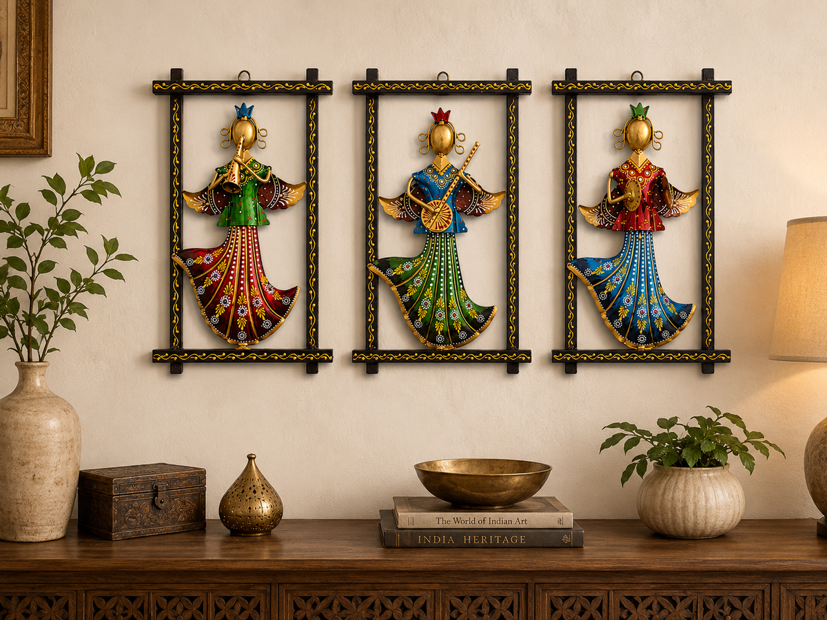 Handcrafted Indian Wall Decor Set of 3 | Ethnic Metal Wall Art Hanging | Traditional Folk Home Décor - Ira World Art LLC