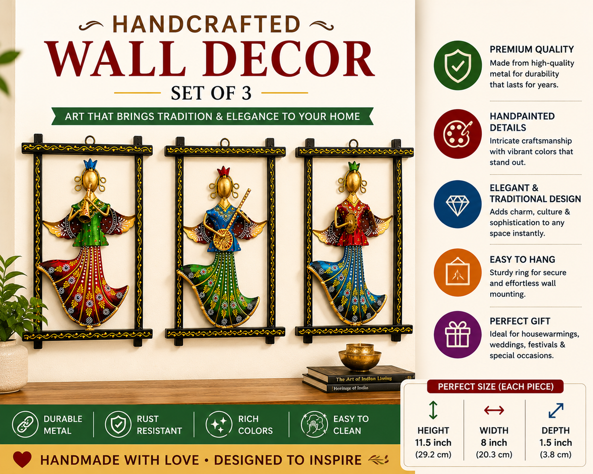 Handcrafted Indian Wall Decor Set of 3 | Ethnic Metal Wall Art Hanging | Traditional Folk Home Décor - Ira World Art LLC