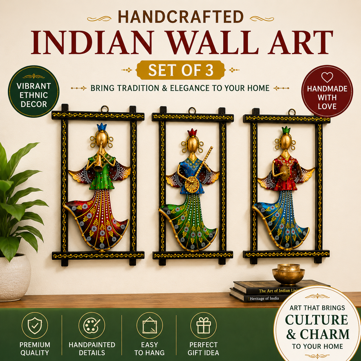 Handcrafted Indian Wall Decor Set of 3 | Ethnic Metal Wall Art Hanging | Traditional Folk Home Décor - Ira World Art LLC