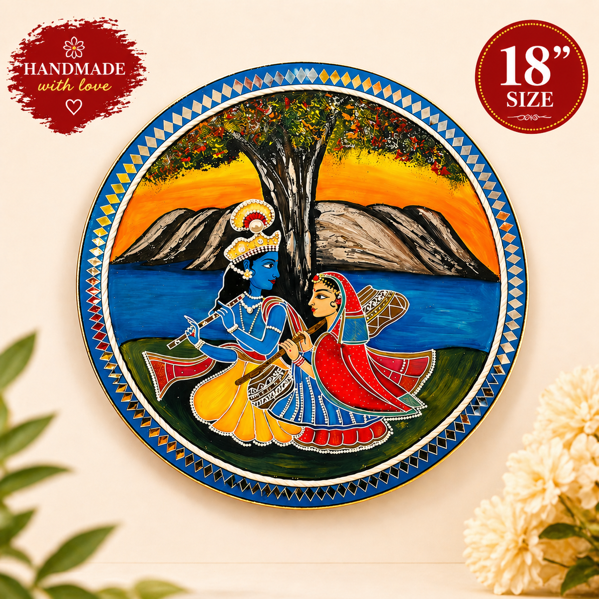 Handcrafted Radha Krishna Wooden Wall Plate; 18"  Hindu Wall Art - Ira World Art LLC