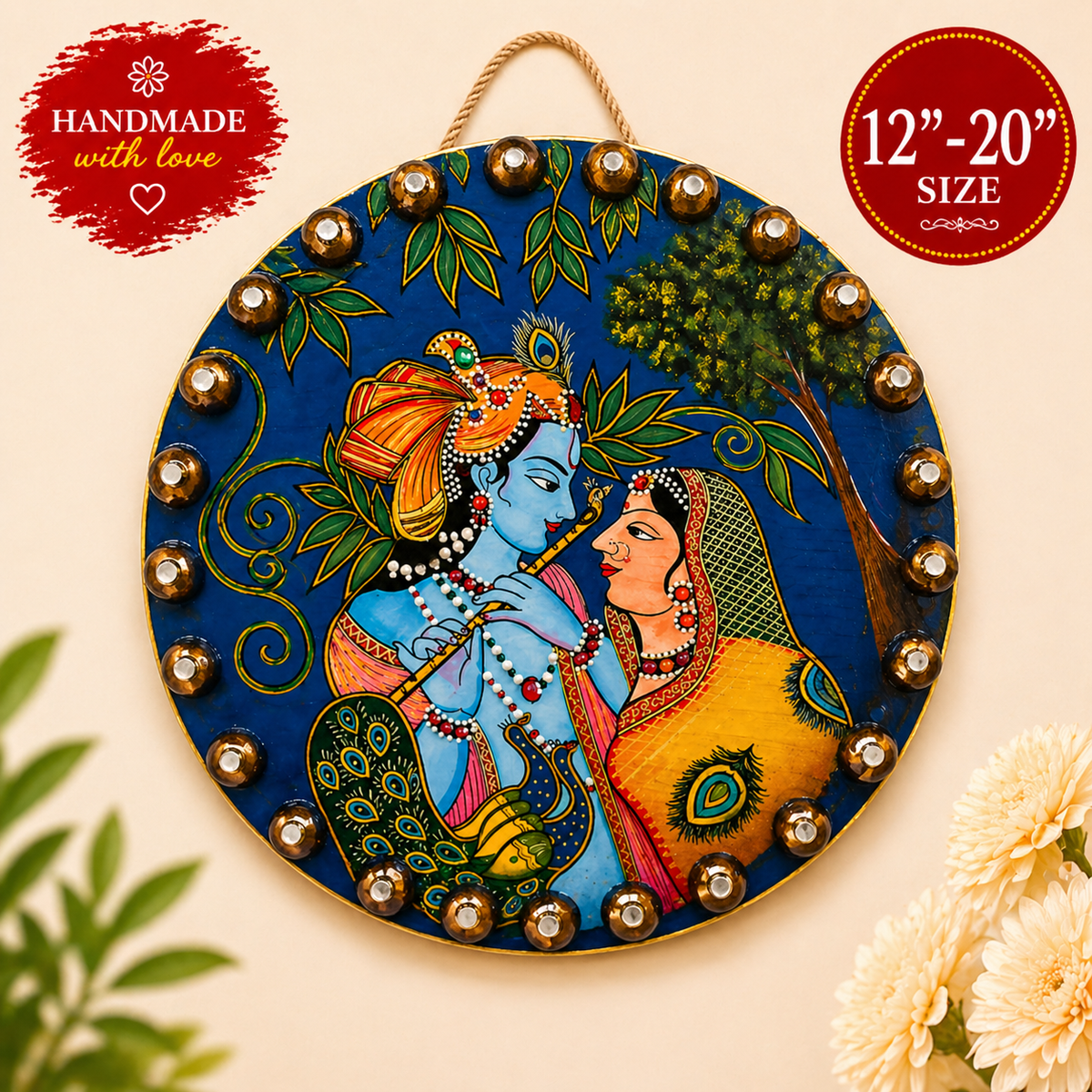 Handcrafted Radha Krishna Acrylic Painting; Round Spiritual Indian Wall Art Decor Pichwai Style - Ira World Art LLC