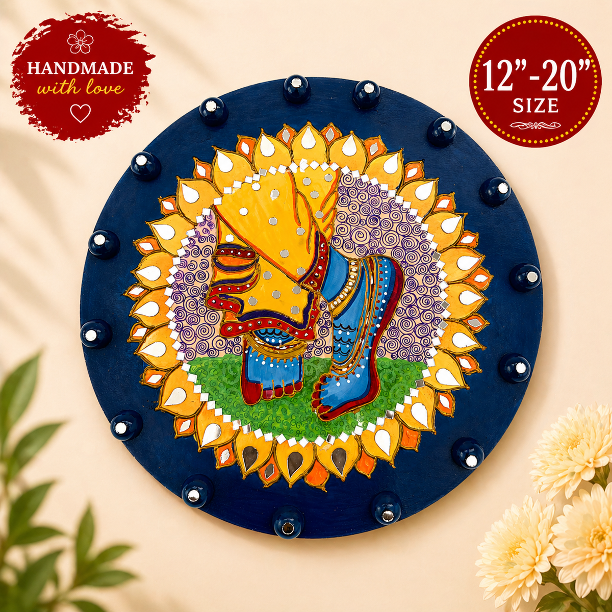 Handmade Krishna Feet Wall Decor - Spiritual Indian Hindu Mandala Art Painting, Pooja Gift - Ira World Art LLC
