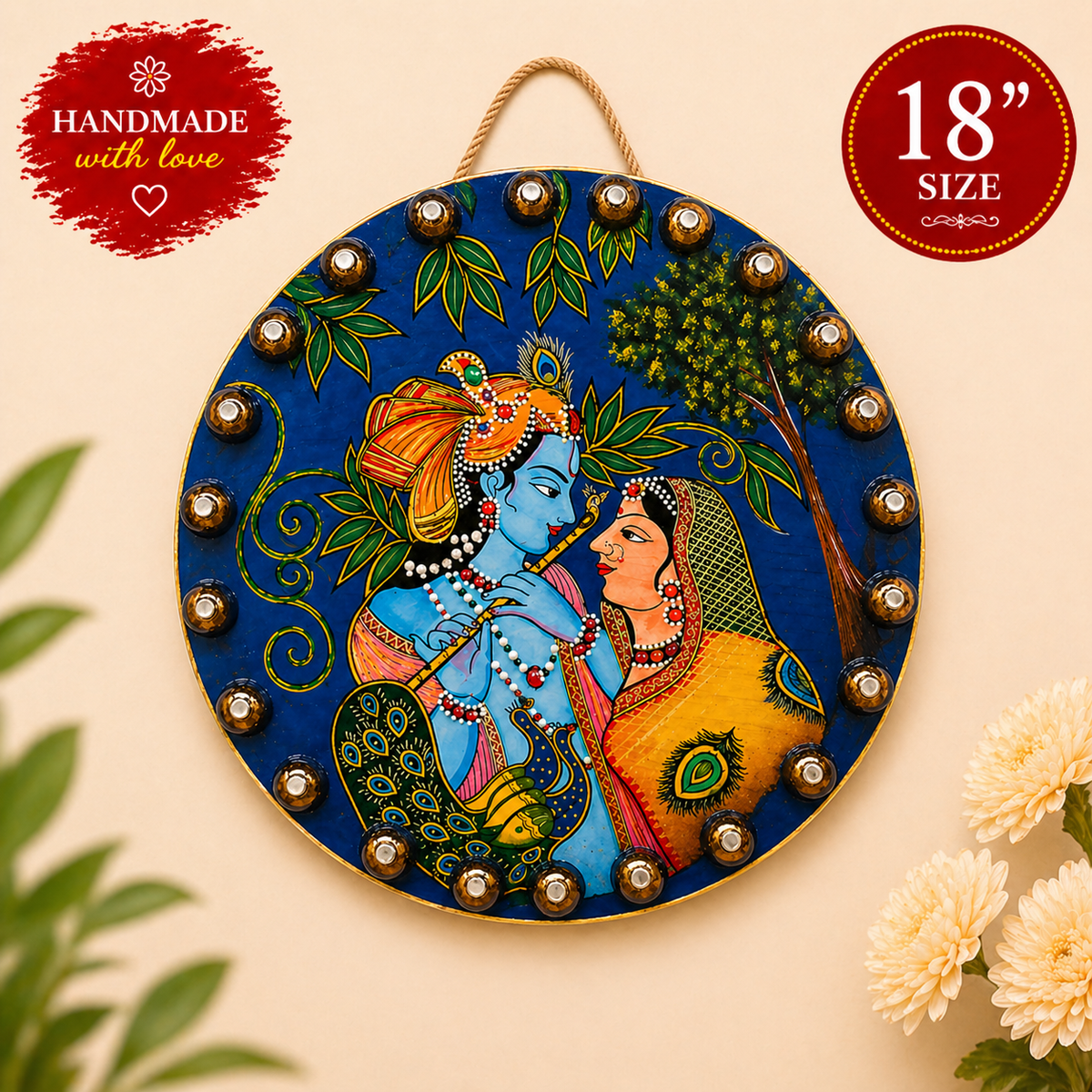Handcrafted Radha Krishna Acrylic Painting; Round Spiritual Indian Wall Art Decor Pichwai Style - Ira World Art LLC