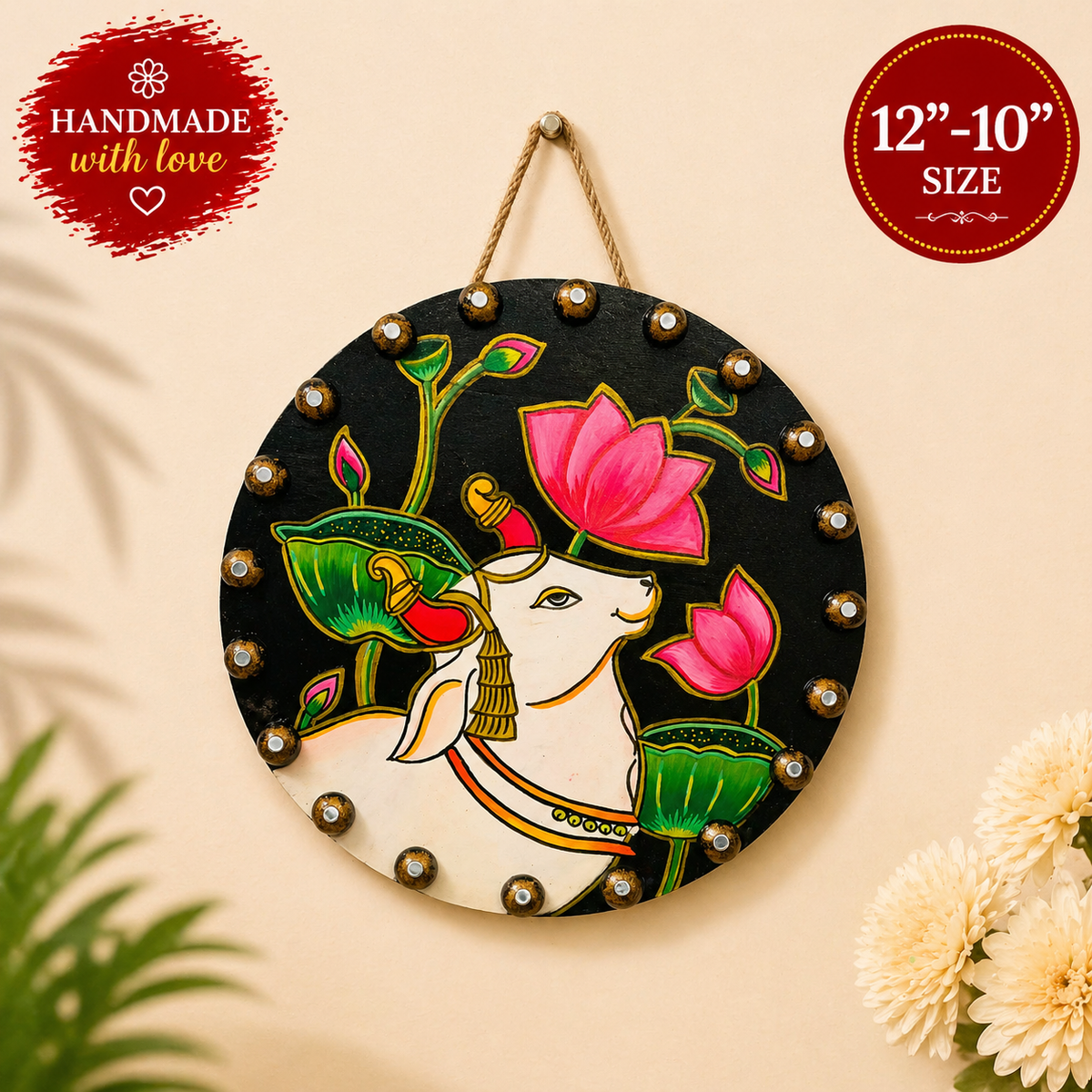 Handmade Pichwai Cow Painting & Kamdhenu Lotus Wooden, Spiritual Indian Wall Decor - Ira World Art LLC