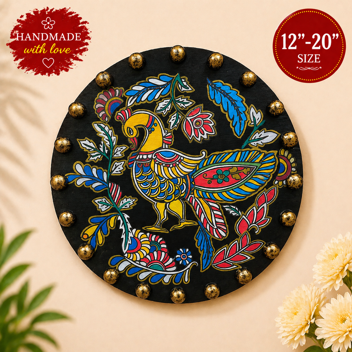 Ira World Art:Handmade Colorful Peacock Pichwai Art on Black  MDF Wood with Mirror Work - 12"x12" - Ira World Art LLC