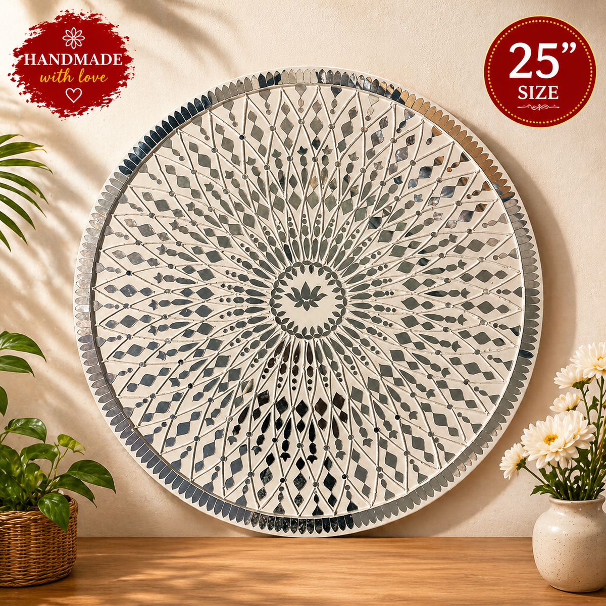 Mandala Mirror Wall Art | 25x25 Round Handmade Geometric Wall Hanging | Boho Chic Mirror Mosaic Decor on MDF - Ira World Art LLC