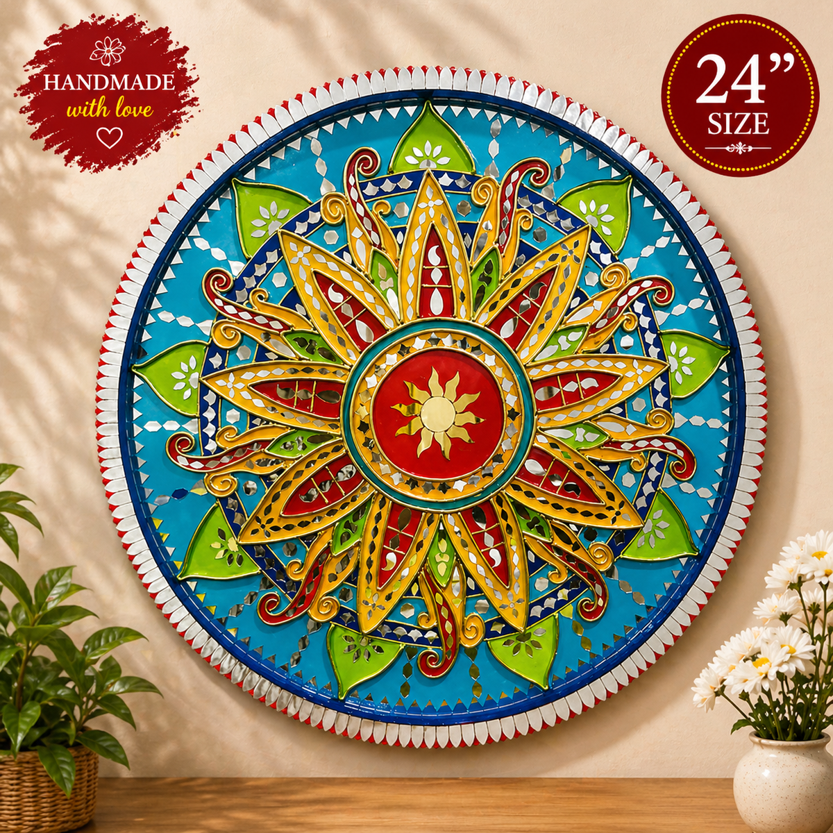 Handmade Mandala Wall Art | Boho Round Decorative Mirror Art | Colorful Indian Folk Wall Decor | Festival Home Decor | Spiritual Sun Mandala - Ira World Art LLC