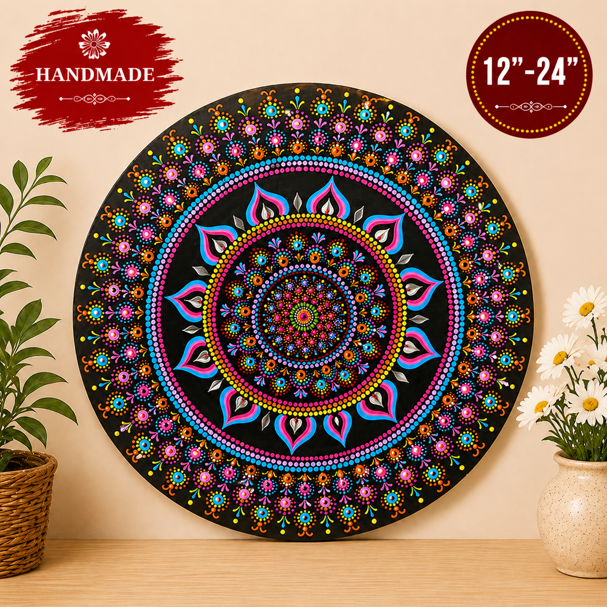 Colorful Geometric Mandala Painting – Handmade Wooden Wall Decor, Meditation Room Art - Ira World Art LLC