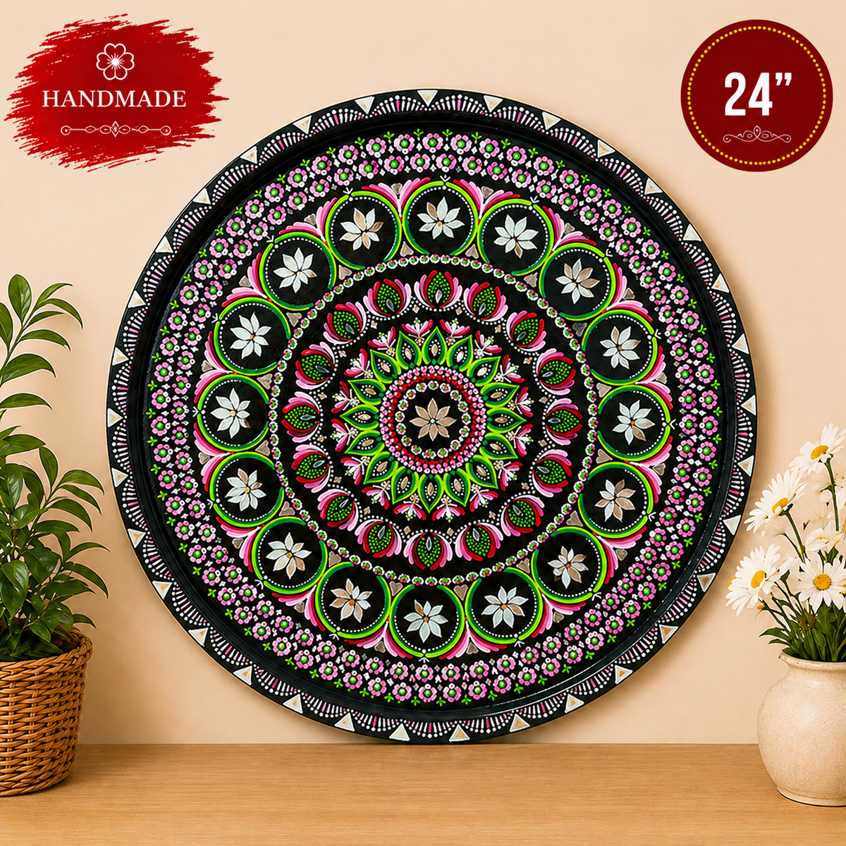 Handmade Mandala Wall Art – 24” Round Acrylic Painting with Mirrors & Clay on MDF - Ira World Art LLC