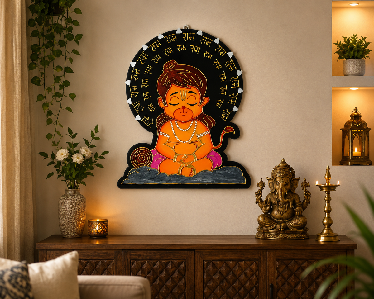 Handcrafted Baby Hanuman Wall Art | MDF 3D Clay Painting | Ram Naam Artwork | Waterproof with Gloss Finish | Spiritual Hindu Decor - Ira World Art LLC