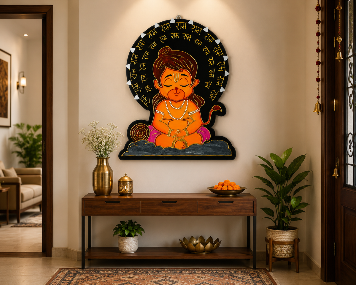 Handcrafted Baby Hanuman Wall Art | MDF 3D Clay Painting | Ram Naam Artwork | Waterproof with Gloss Finish | Spiritual Hindu Decor - Ira World Art LLC