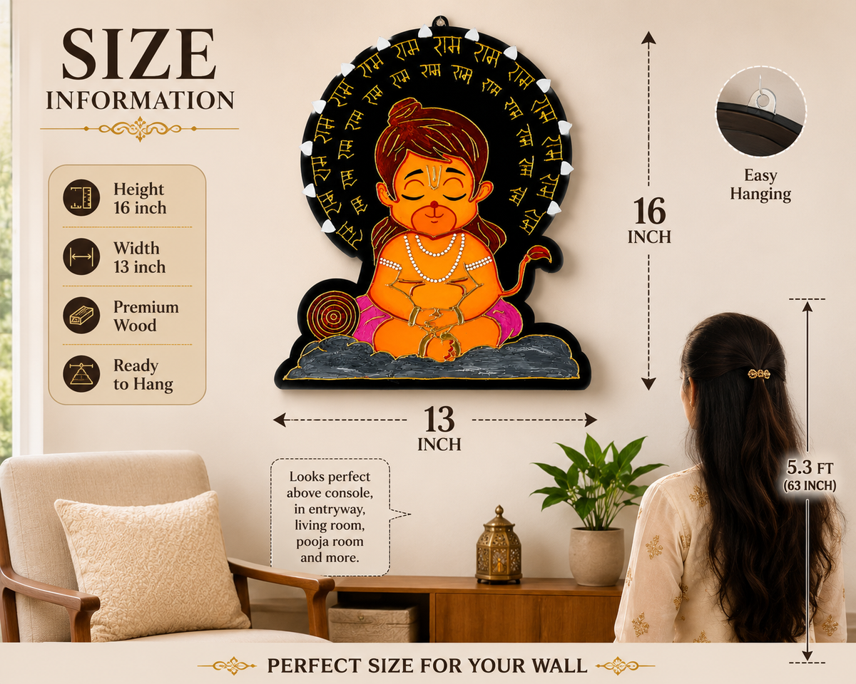 Handcrafted Baby Hanuman Wall Art | MDF 3D Clay Painting | Ram Naam Artwork | Waterproof with Gloss Finish | Spiritual Hindu Decor - Ira World Art LLC