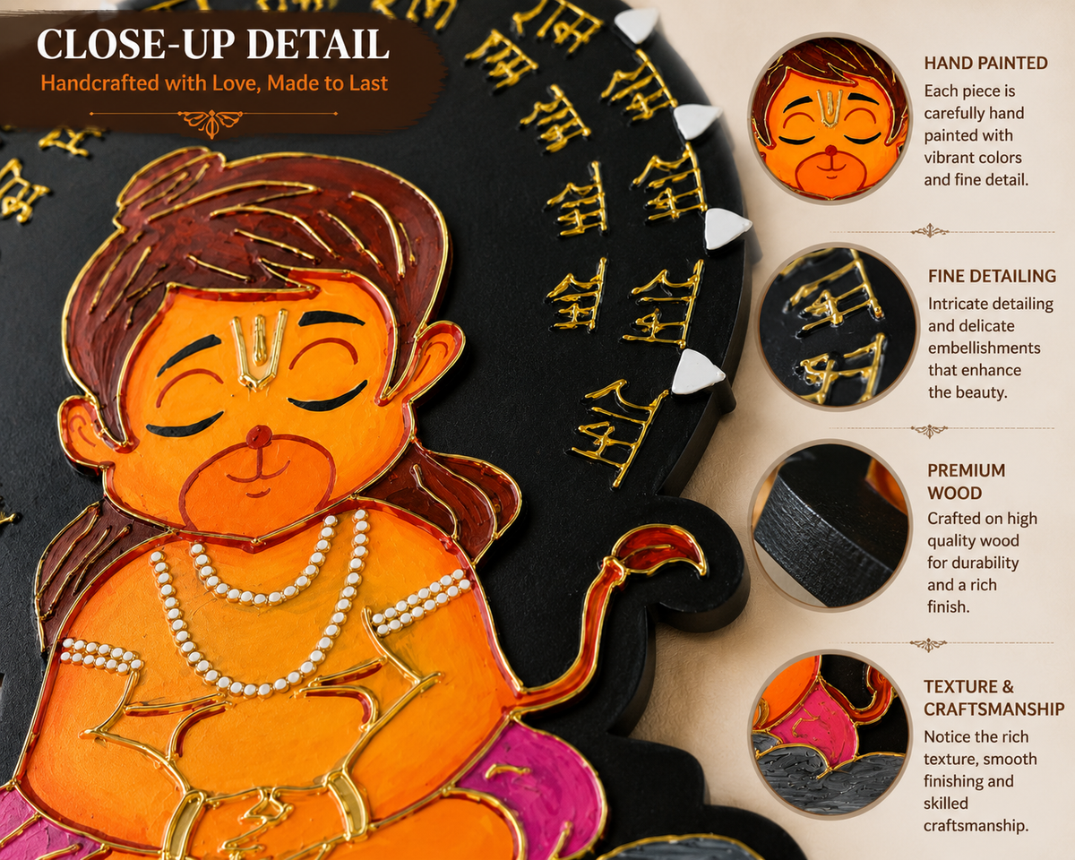 Handcrafted Baby Hanuman Wall Art | MDF 3D Clay Painting | Ram Naam Artwork | Waterproof with Gloss Finish | Spiritual Hindu Decor - Ira World Art LLC