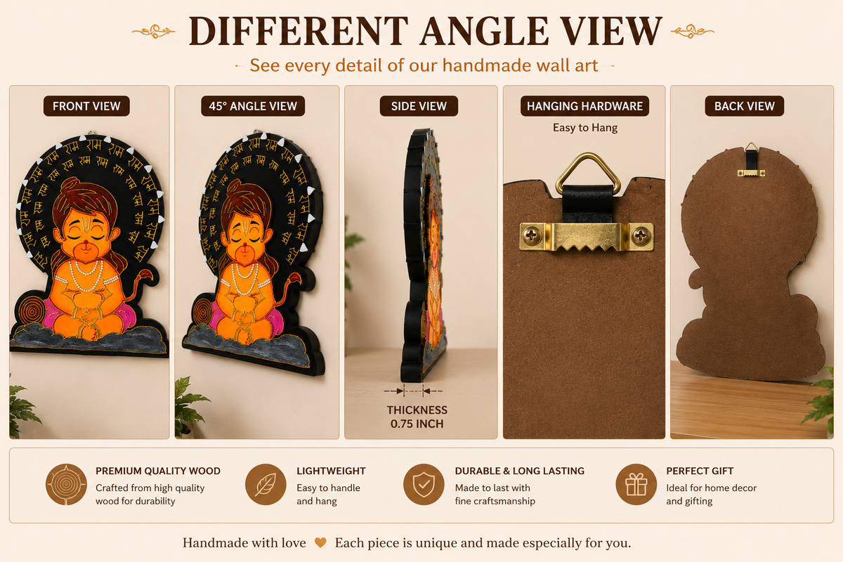 Handcrafted Baby Hanuman Wall Art | MDF 3D Clay Painting | Ram Naam Artwork | Waterproof with Gloss Finish | Spiritual Hindu Decor - Ira World Art LLC