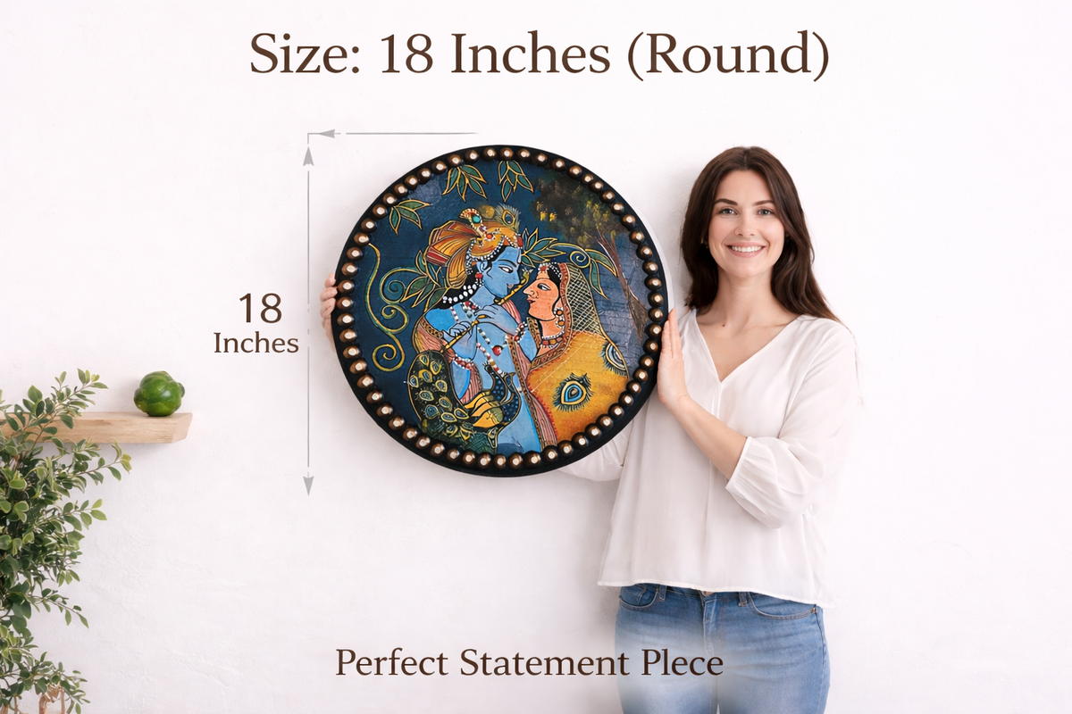 Handcrafted Radha Krishna Acrylic Painting; Round Spiritual Indian Wall Art Decor Pichwai Style - Ira World Art LLC