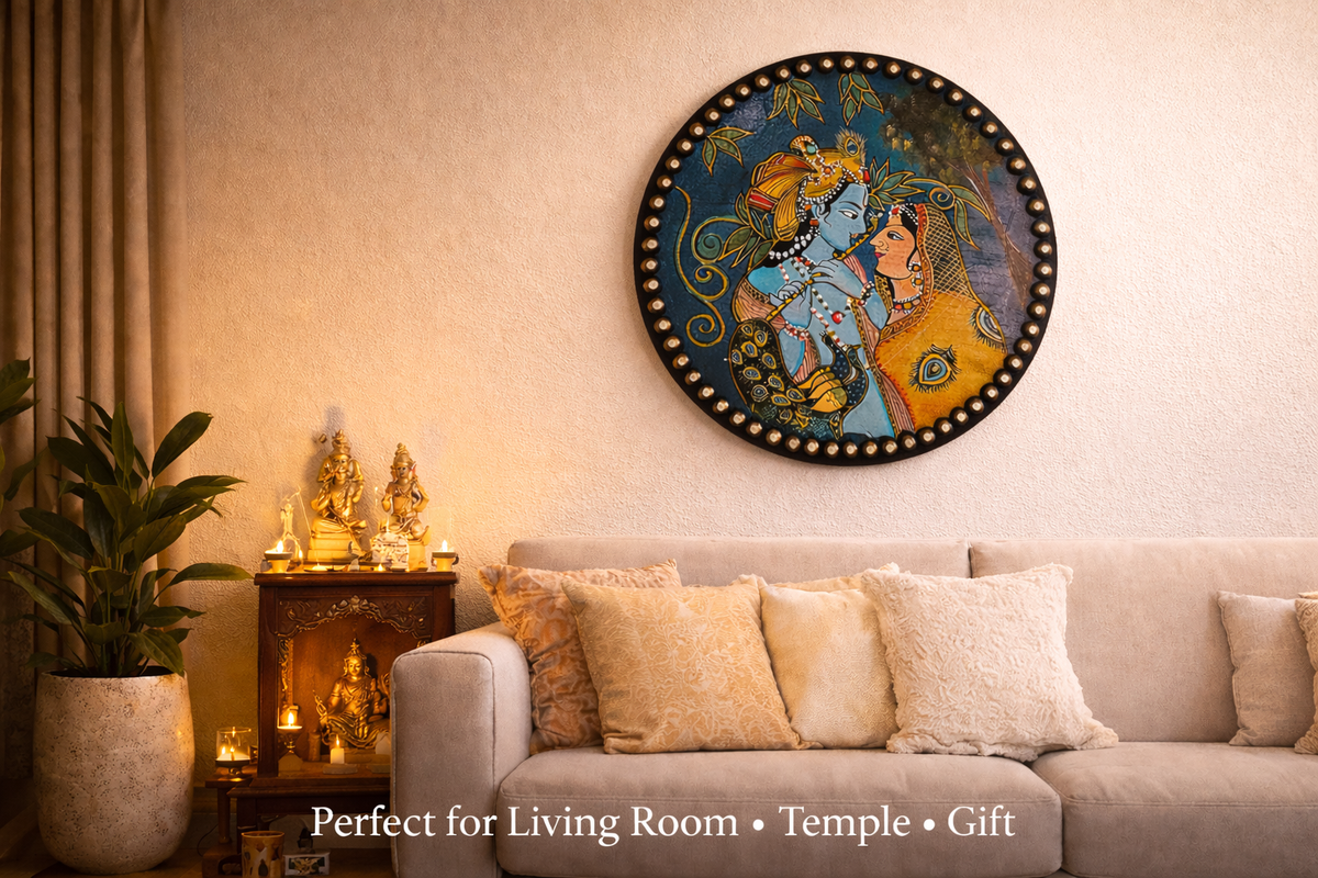 Handcrafted Radha Krishna Acrylic Painting; Round Spiritual Indian Wall Art Decor Pichwai Style - Ira World Art LLC