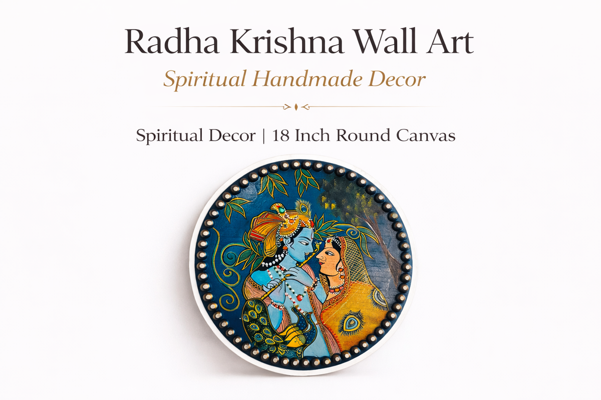 Handcrafted Radha Krishna Acrylic Painting; Round Spiritual Indian Wall Art Decor Pichwai Style - Ira World Art LLC