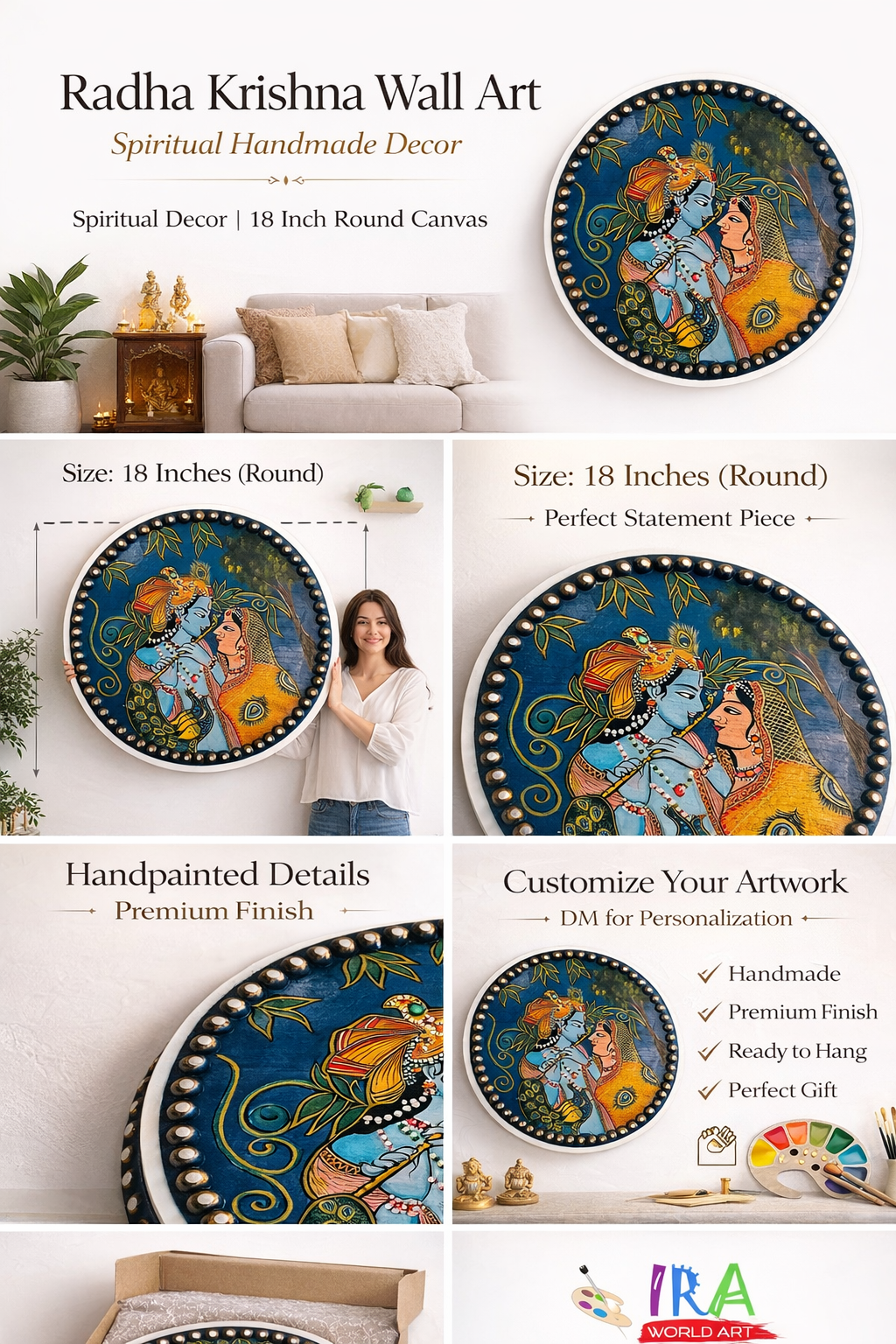 Handcrafted Radha Krishna Acrylic Painting; Round Spiritual Indian Wall Art Decor Pichwai Style - Ira World Art LLC